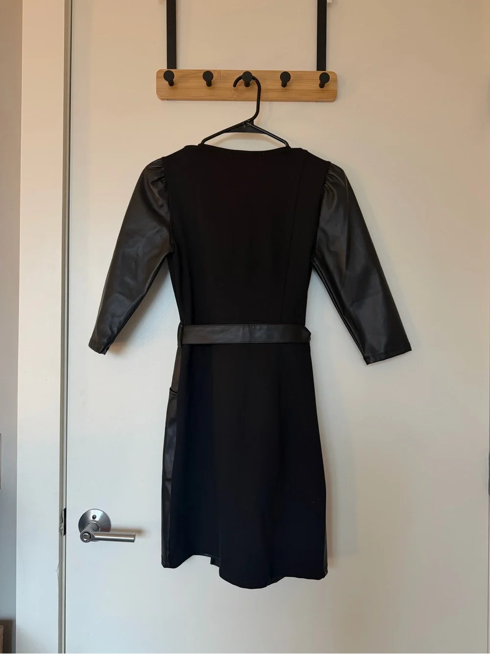 Micheal Kors Black Faux Leather Sleeve Wrap Dress with Belt - Petite